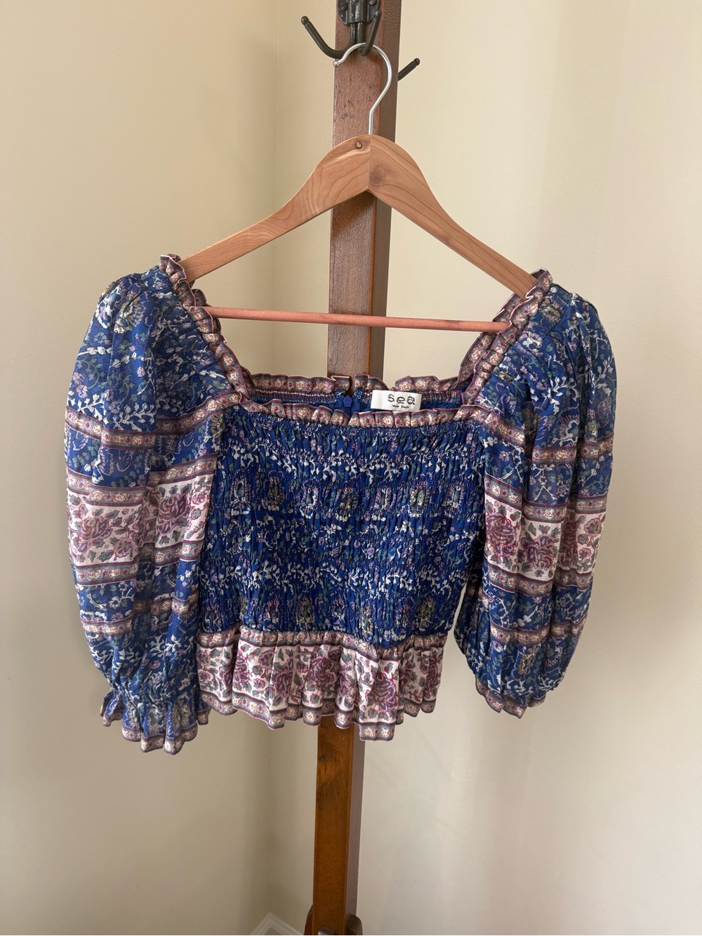 Sea New York Blue Floral Smocked Crop Top with Puff Sleeves